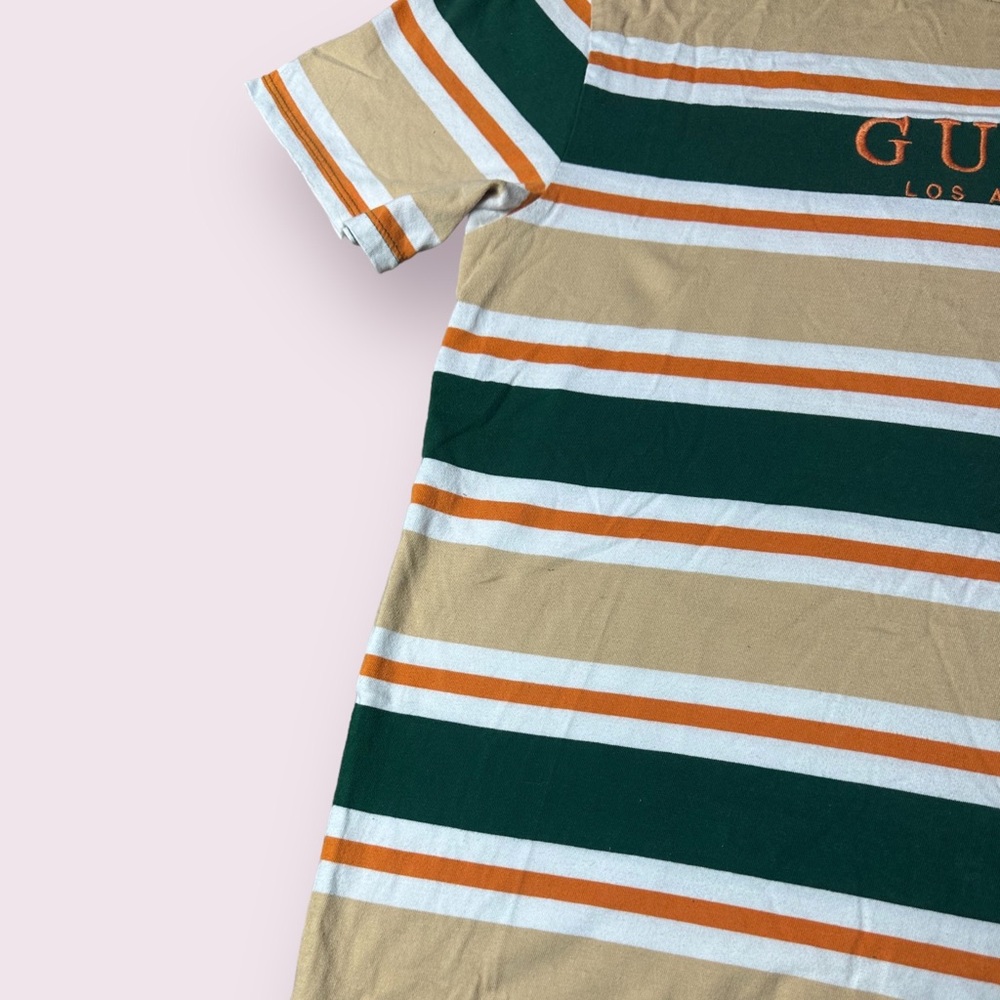 Men’s Guess Los Angeles Tan White Green Orange Stripe S/S Tee Shirt Sz Small - Picture 2 of 9